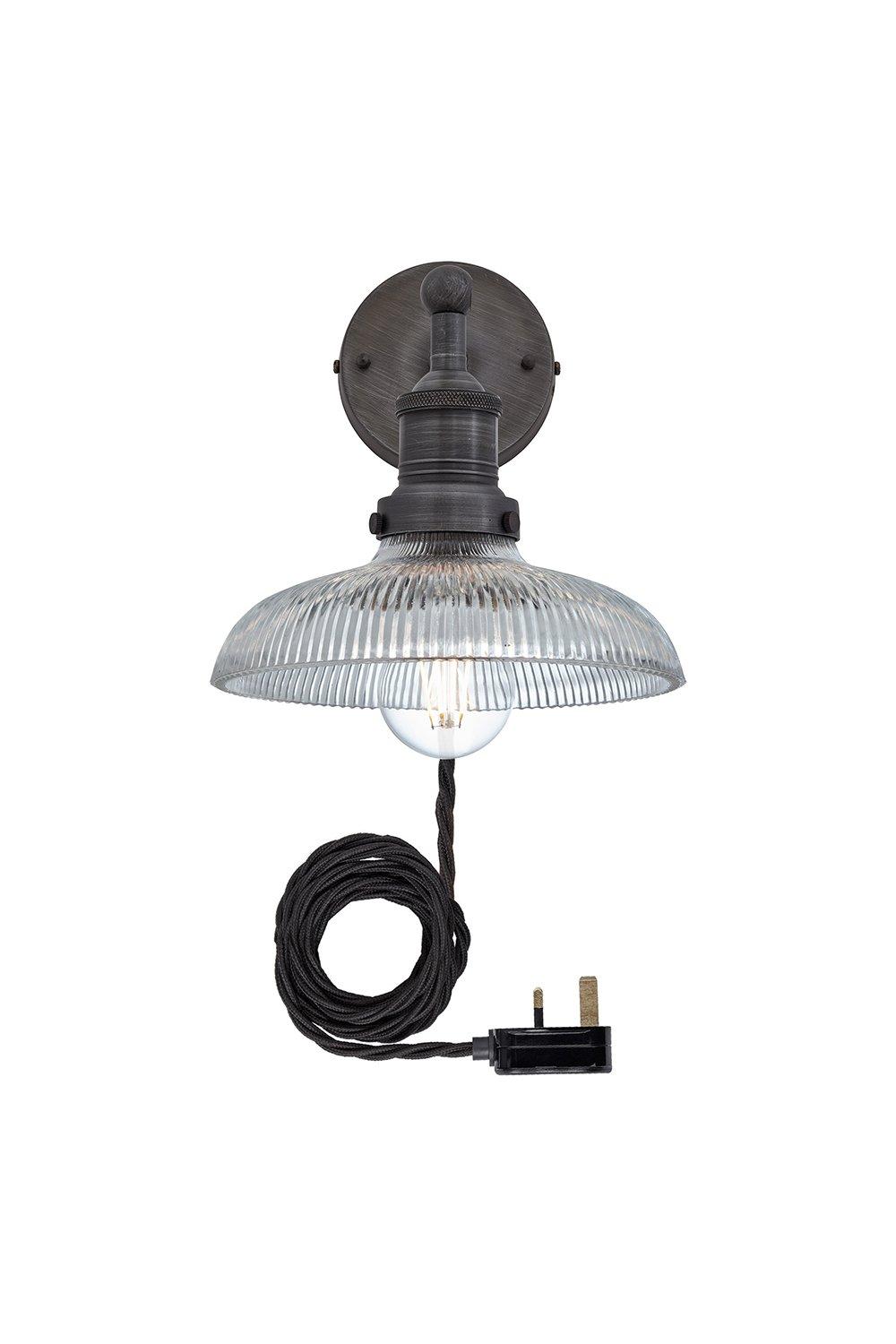 Brooklyn Glass Dome Wall Light, 8 Inch, Pewter Holder With Plug